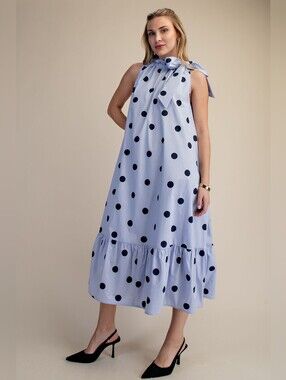 NWT Vintage Inspired Polka Dot Sleeveless Ruffle Neck Tie Midi Dress Size S/M/L